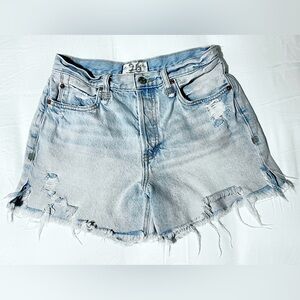 We The Free People Distressed Jean Shorts Raw Hem Button Fly Blue Denim 26